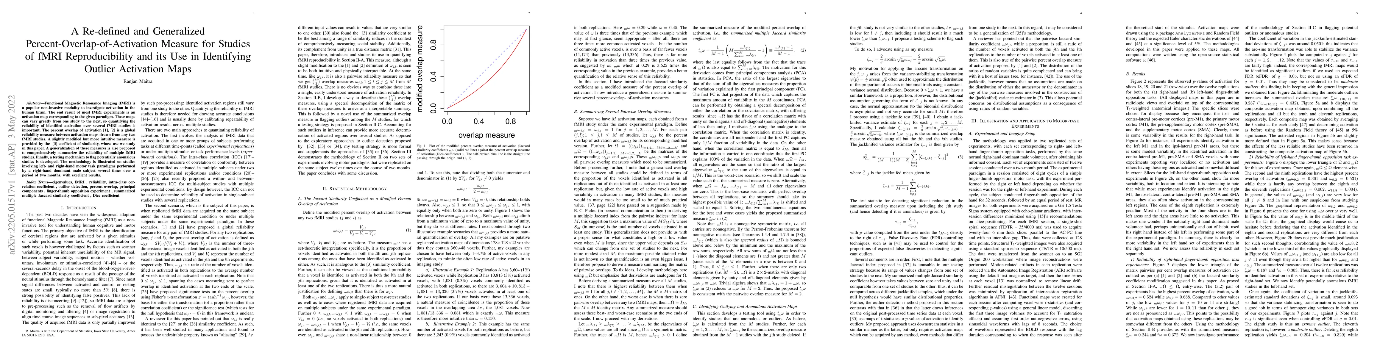 Thumbnail for A Re-defined and Generalized Percent-Overlap-of-Activation Measure for
  Studies of fMRI Reproducibility and its Use in Identifying Outlier Activation
  Maps