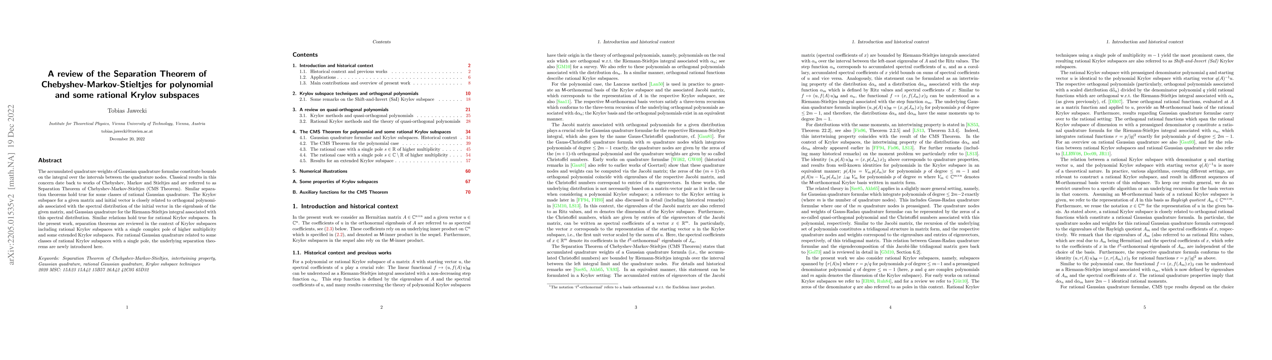 Thumbnail for A review of the Separation Theorem of Chebyshev-Markov-Stieltjes for
  polynomial and some rational Krylov subspaces