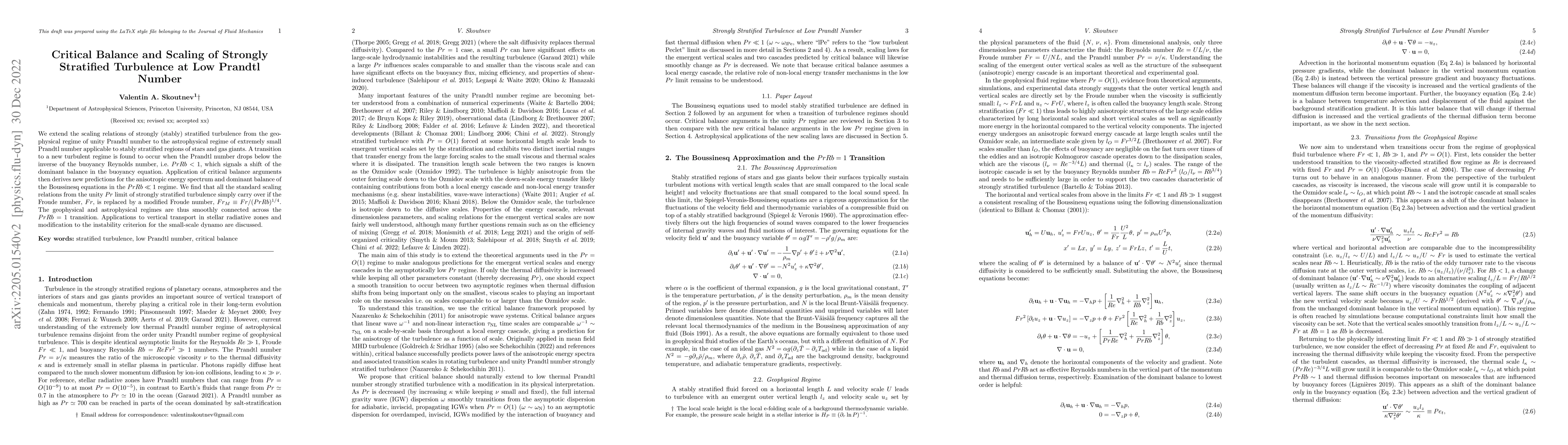 Thumbnail for Critical Balance and Scaling of Strongly Stratified Turbulence at Low
  Prandtl Number