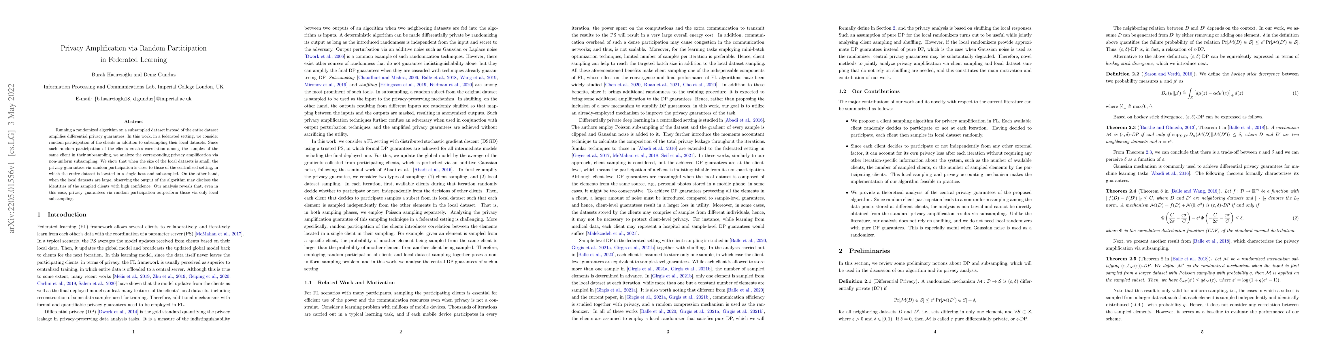 Thumbnail for Privacy Amplification via Random Participation in Federated Learning