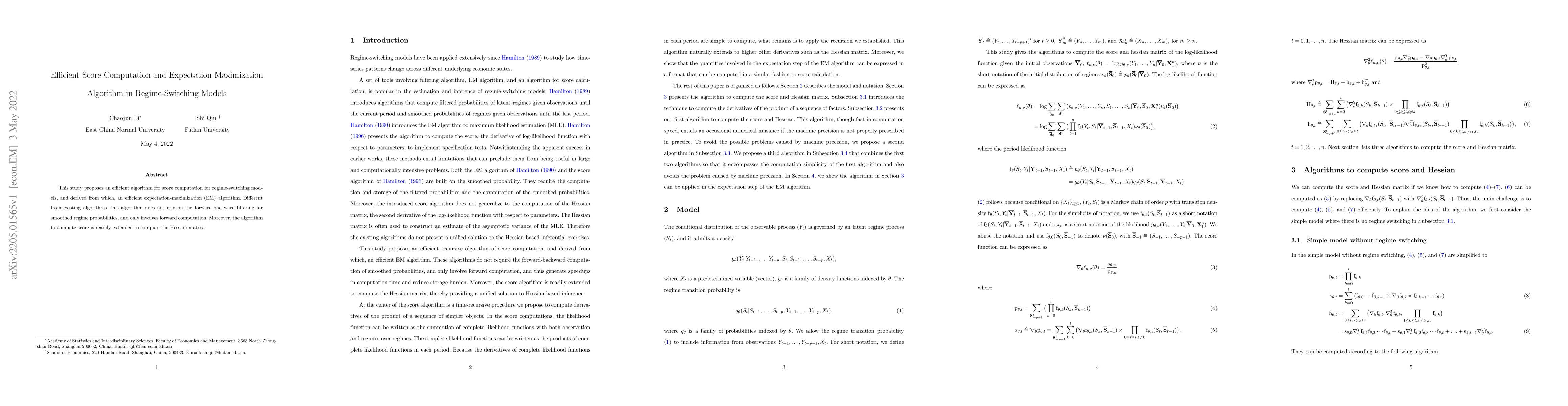 Thumbnail for Efficient Score Computation and Expectation-Maximization Algorithm in
  Regime-Switching Models