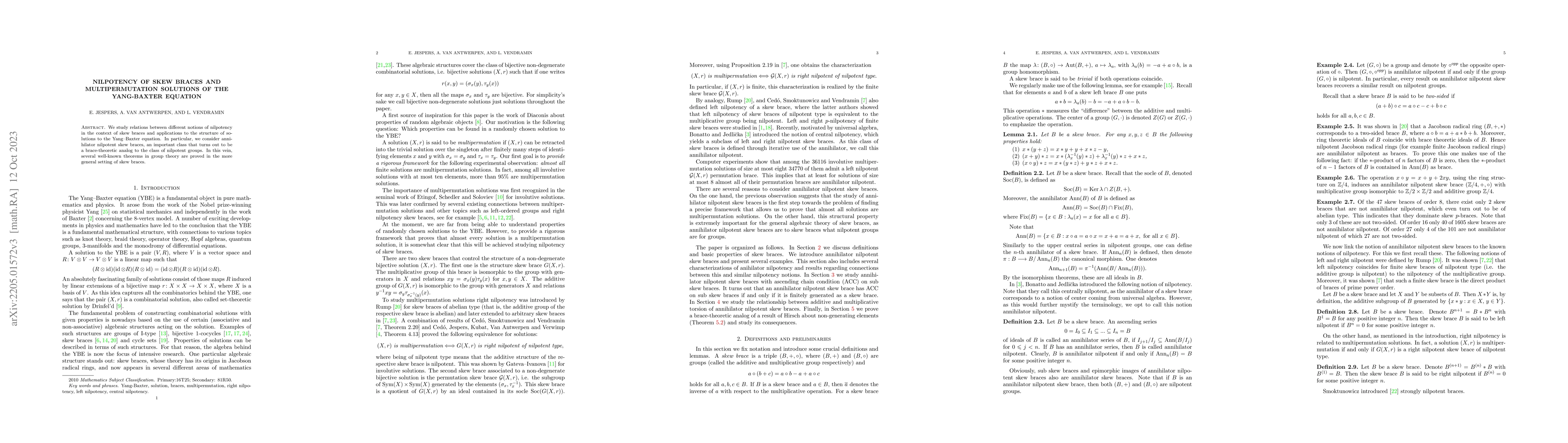 Thumbnail for Nilpotency of skew braces and multipermutation solutions of the
  Yang-Baxter equation