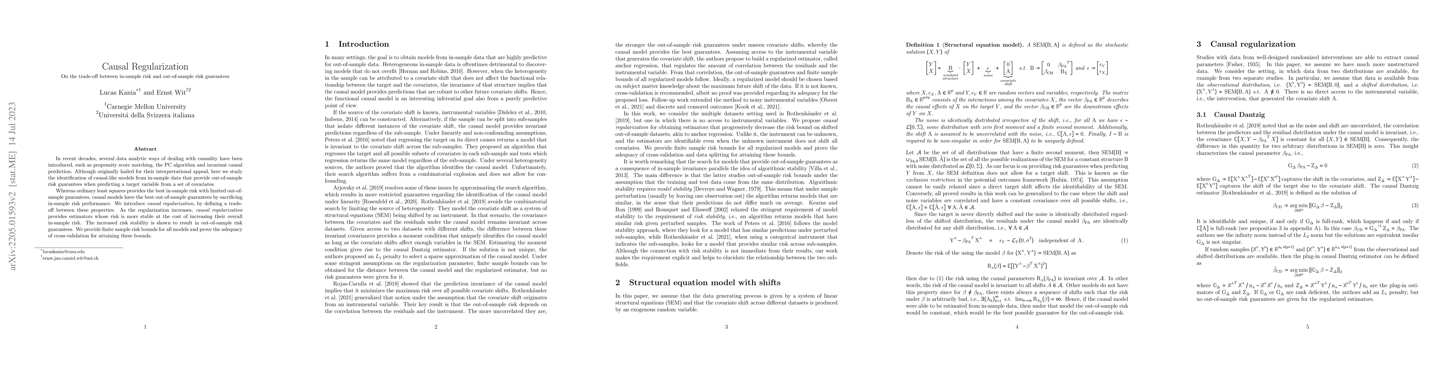 Thumbnail for Causal Regularization: On the trade-off between in-sample risk and
  out-of-sample risk guarantees