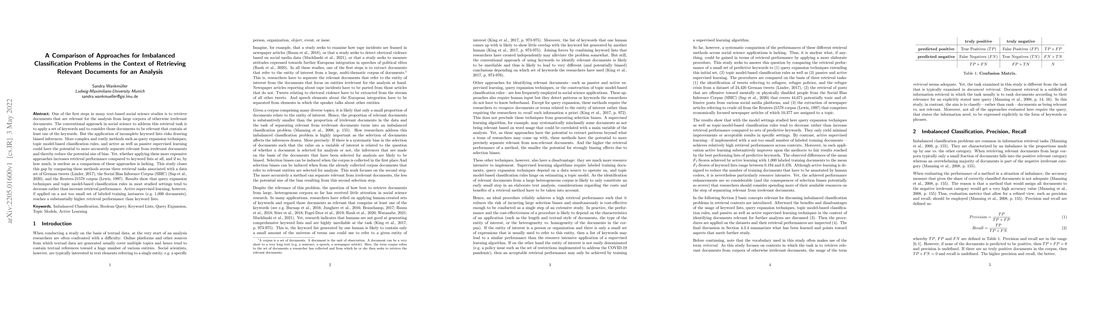 Thumbnail for A Comparison of Approaches for Imbalanced Classification Problems in the
  Context of Retrieving Relevant Documents for an Analysis