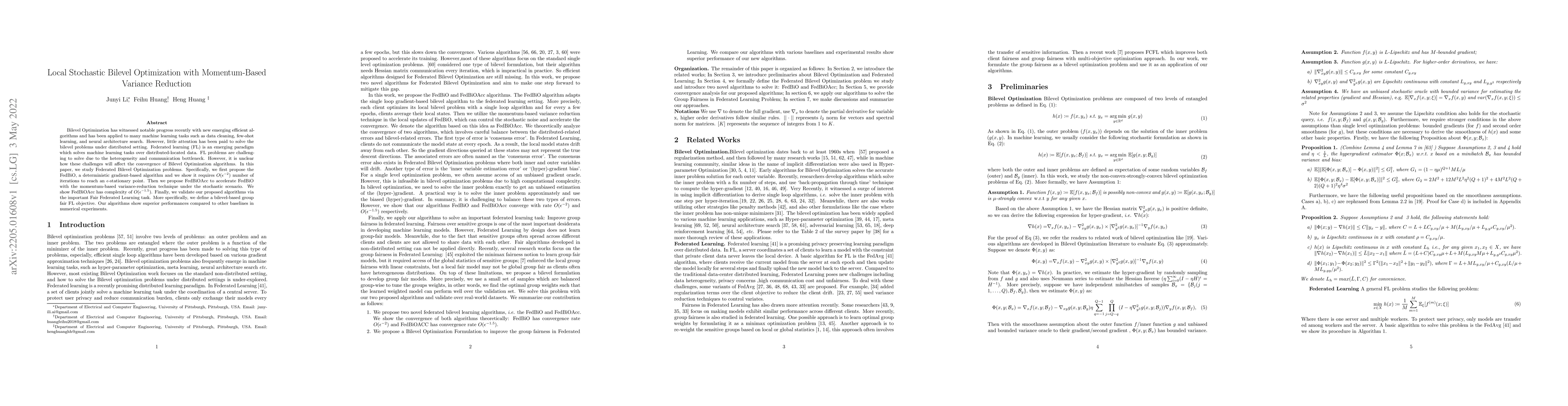 Thumbnail for Local Stochastic Bilevel Optimization with Momentum-Based Variance
  Reduction