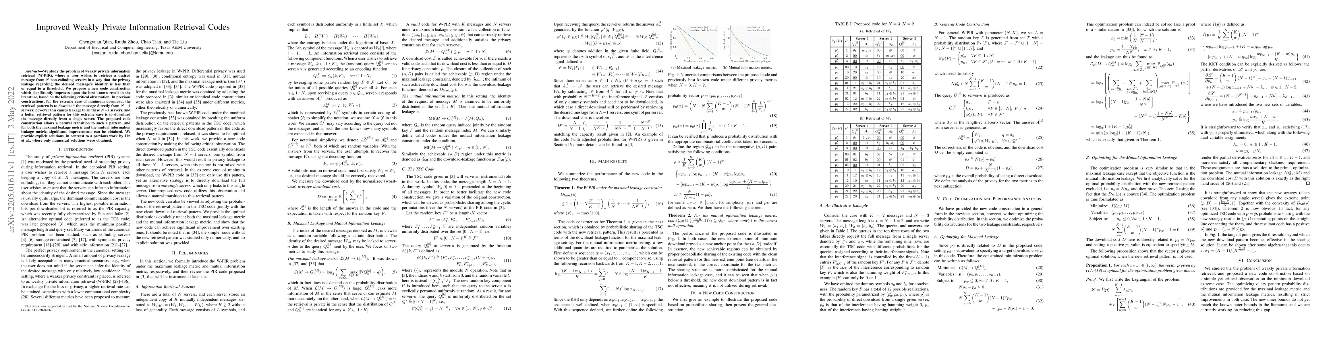 Thumbnail for Improved Weakly Private Information Retrieval Codes