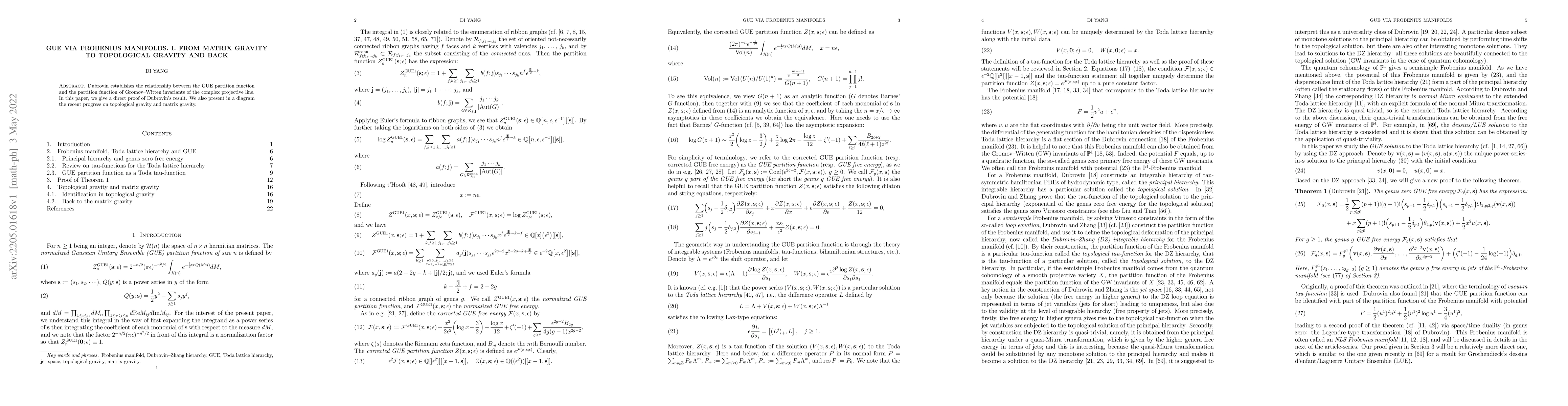 Thumbnail for GUE via Frobenius Manifolds. I. From Matrix Gravity to Topological
  Gravity and Back