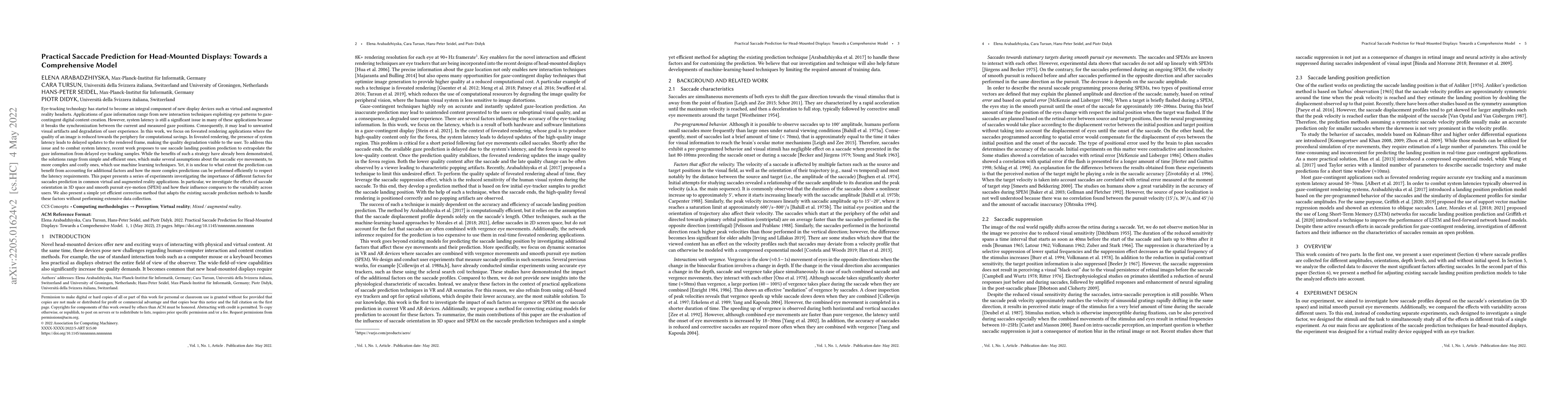 Thumbnail for Practical Saccade Prediction for Head-Mounted Displays: Towards a
  Comprehensive Model