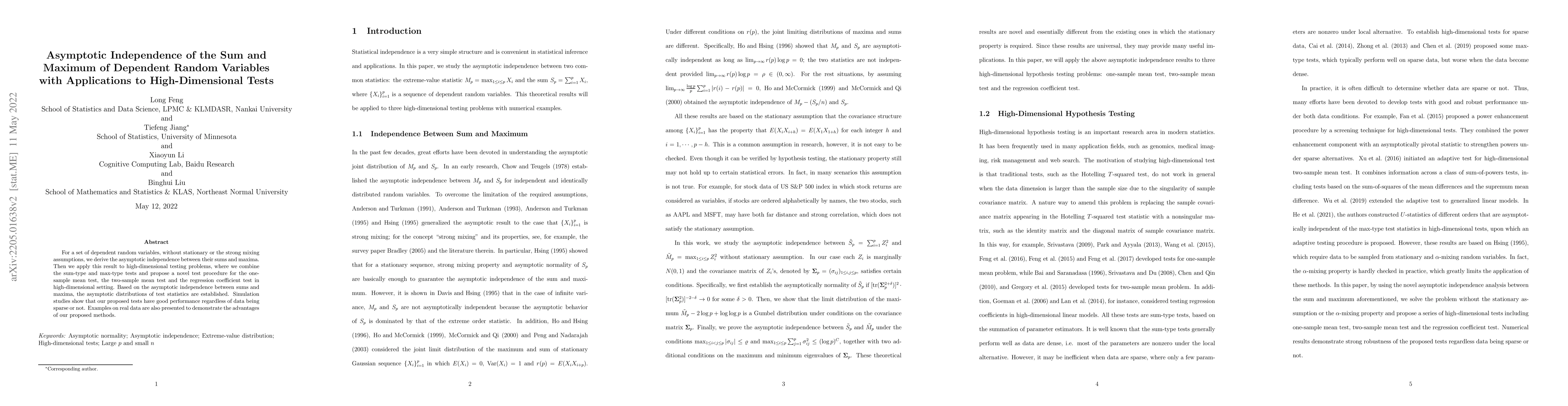 Thumbnail for Asymptotic Independence of the Sum and Maximum of Dependent Random
  Variables with Applications to High-Dimensional Tests