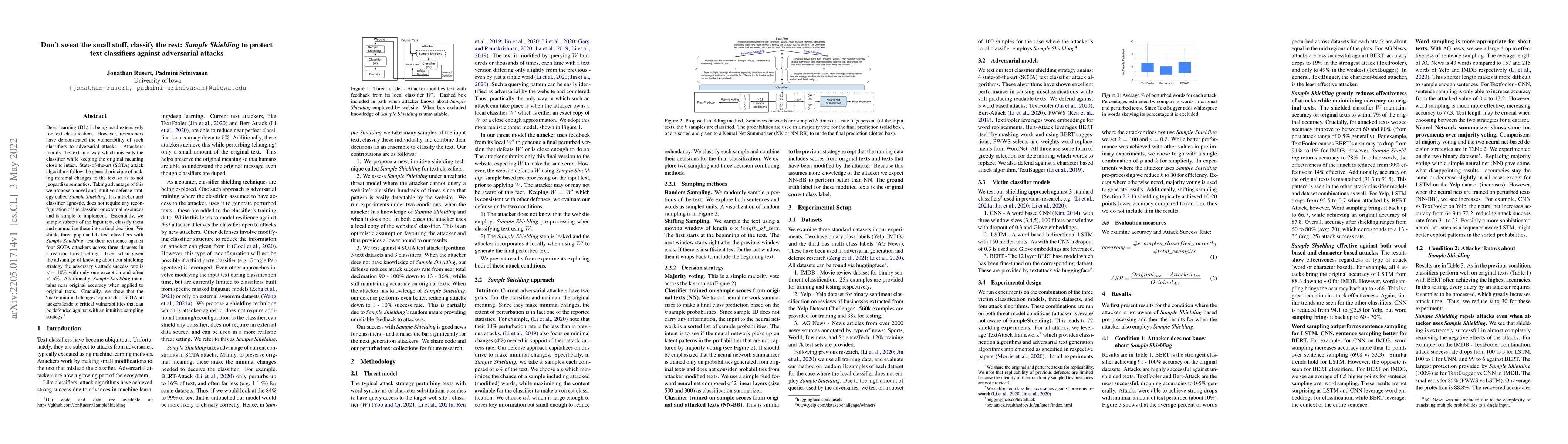 Thumbnail for Don't sweat the small stuff, classify the rest: Sample Shielding to
  protect text classifiers against adversarial attacks