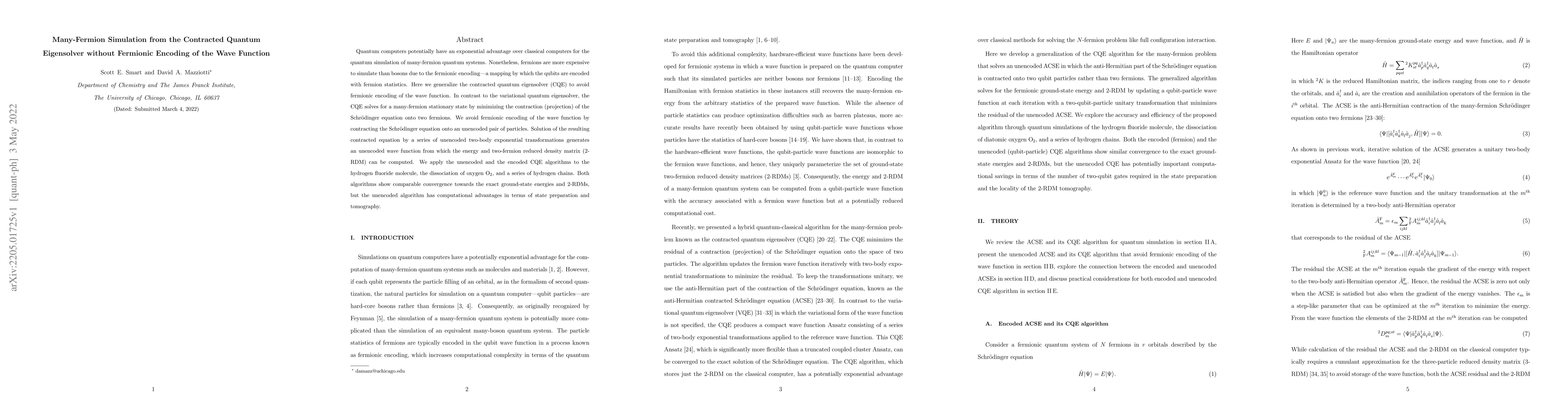 Thumbnail for Many-Fermion Simulation from the Contracted Quantum Eigensolver without
  Fermionic Encoding of the Wave Function