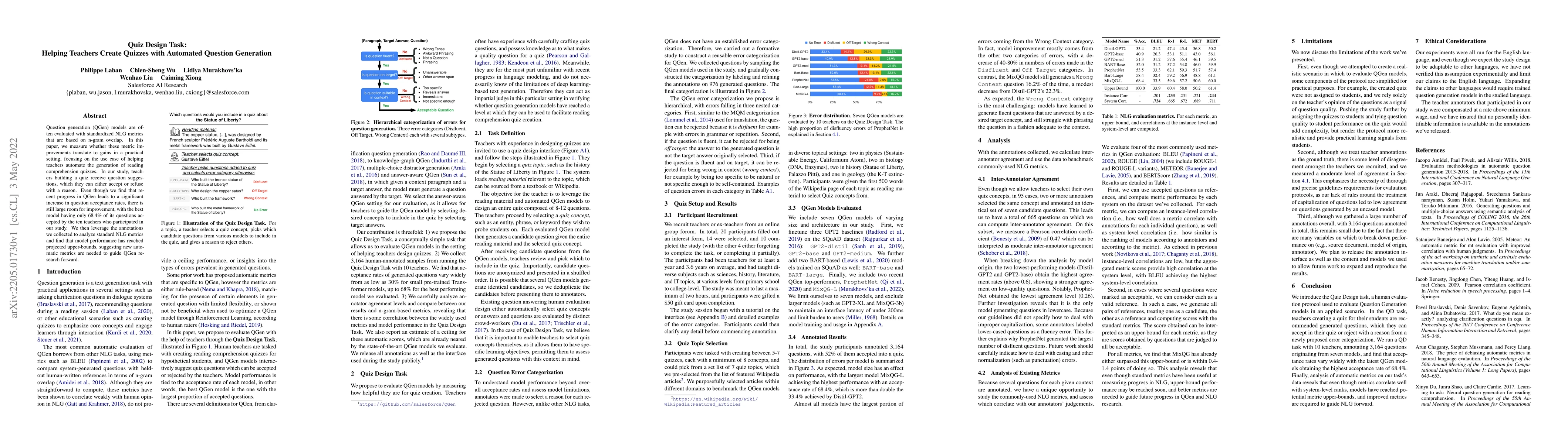 Thumbnail for Quiz Design Task: Helping Teachers Create Quizzes with Automated
  Question Generation
