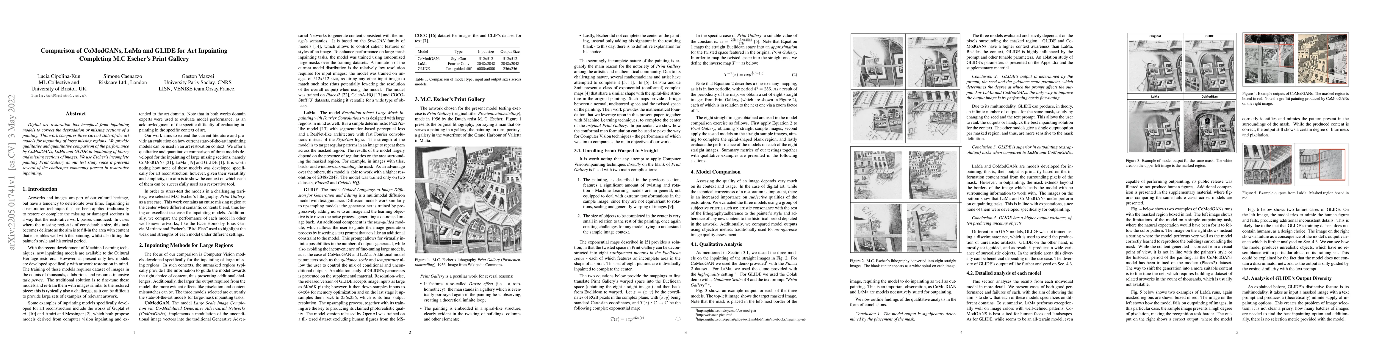Thumbnail for Comparison of CoModGANs, LaMa and GLIDE for Art Inpainting- Completing
  M.C Escher's Print Gallery