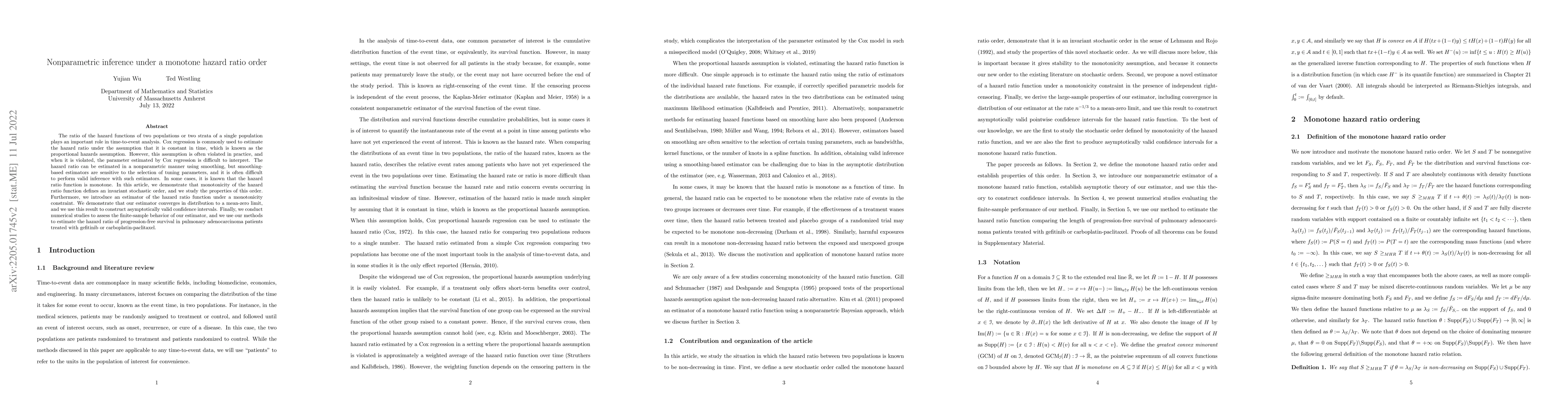 Thumbnail for Nonparametric inference under a monotone hazard ratio order