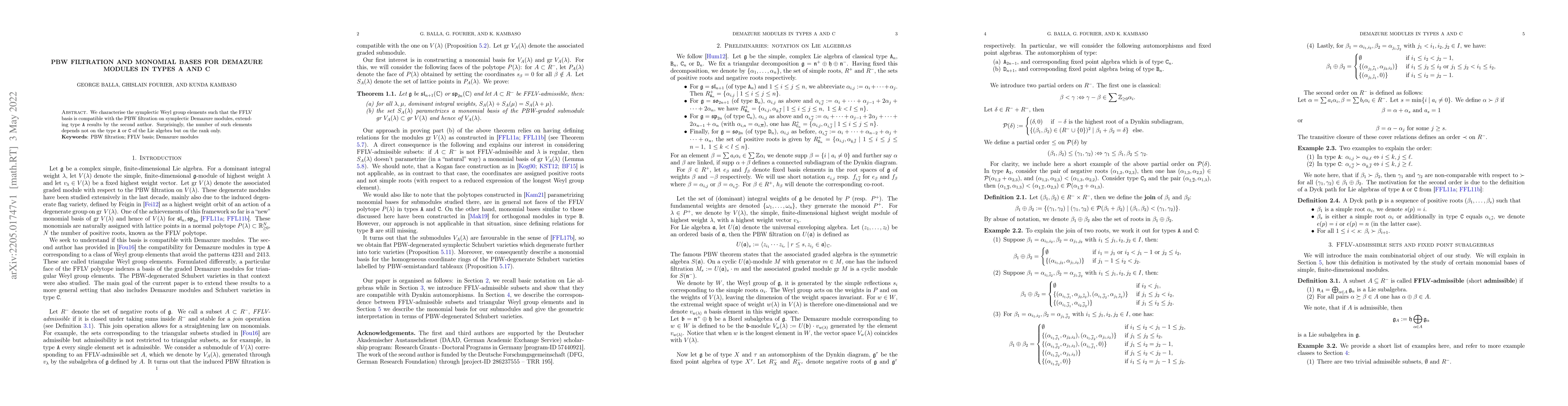 Thumbnail for PBW filtration and monomial bases for Demazure modules in types A and C