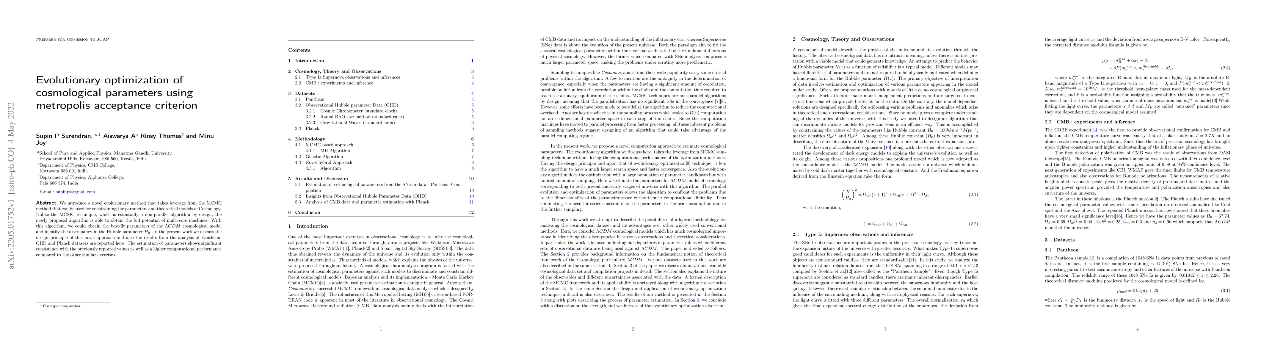 Thumbnail for Evolutionary optimization of cosmological parameters using metropolis
  acceptance criterion