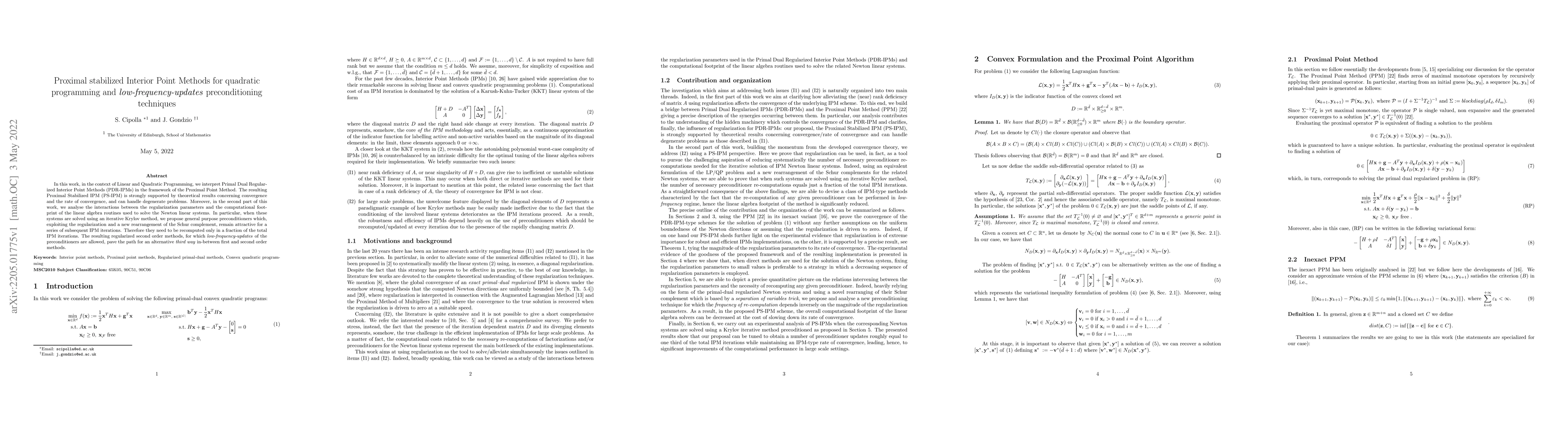 Thumbnail for Proximal stabilized Interior Point Methods for quadratic programming and
  low-frequency-updates preconditioning techniques
