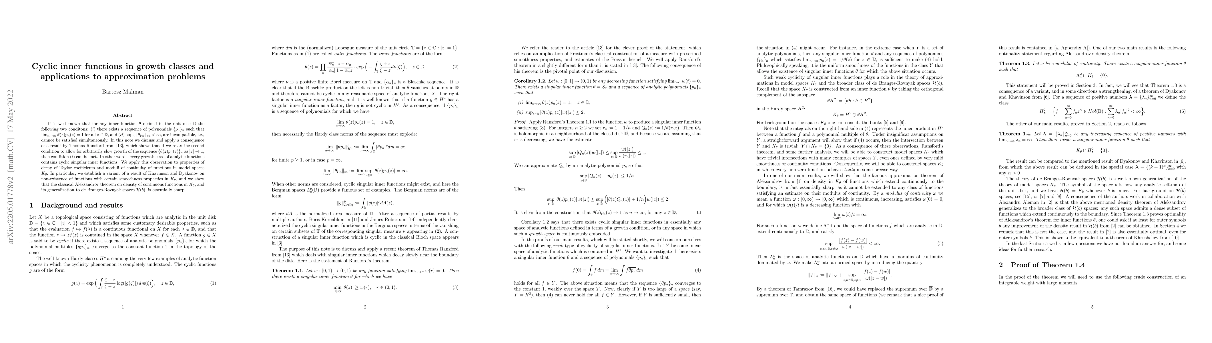 Thumbnail for Cyclic inner functions in growth classes and applications to
  approximation problems