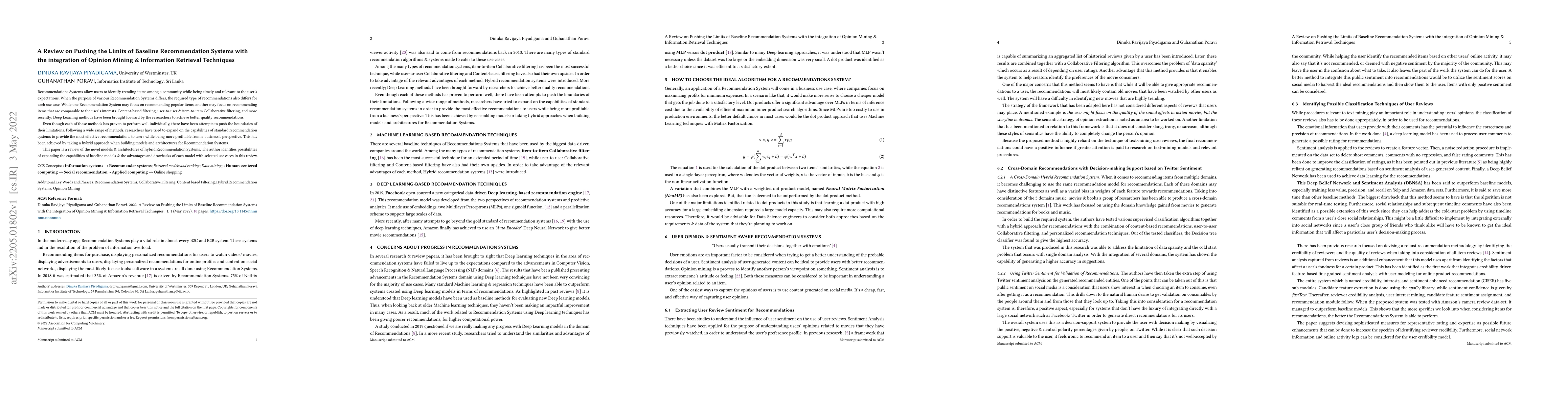 Thumbnail for A Review on Pushing the Limits of Baseline Recommendation Systems with
  the integration of Opinion Mining & Information Retrieval Techniques