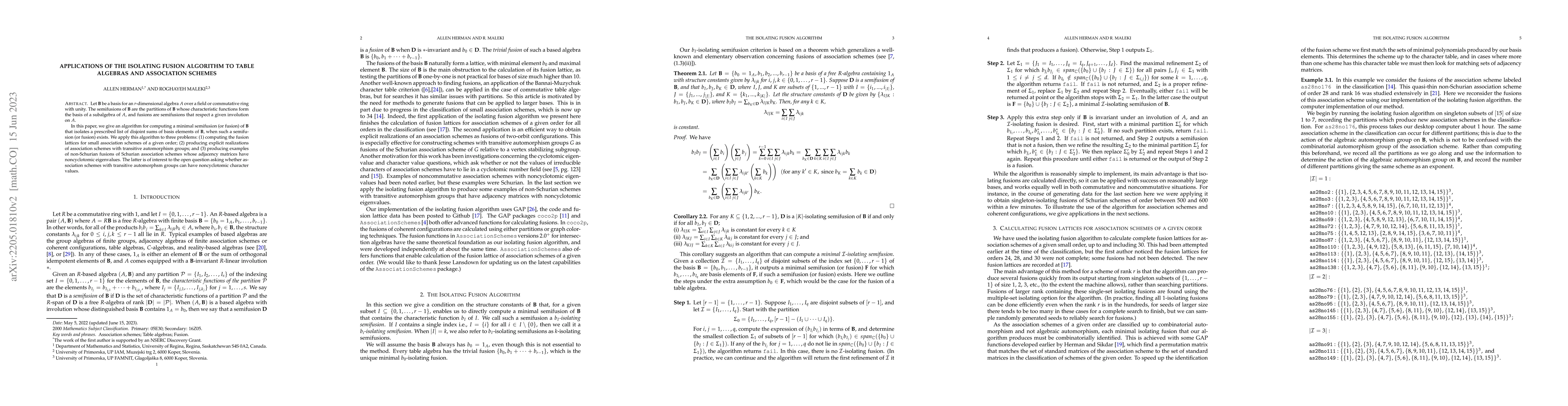 Thumbnail for Applications of the Isolating Fusion Algorithm to Table Algebras and
  Association Schemes