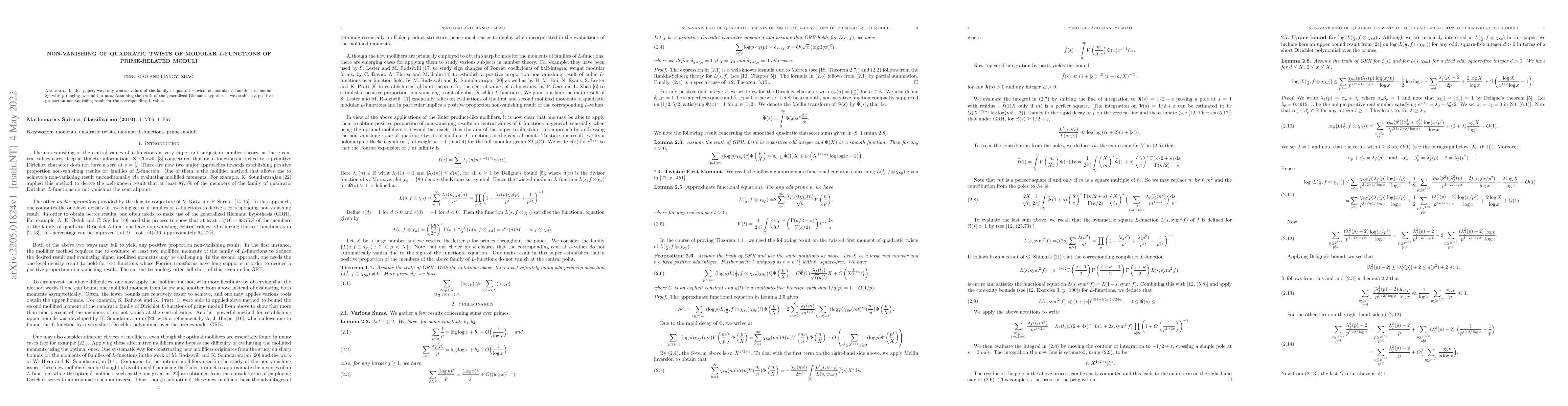 Thumbnail for Non-vanishing of quadratic twists of modular $L$-functions of
  prime-related moduli