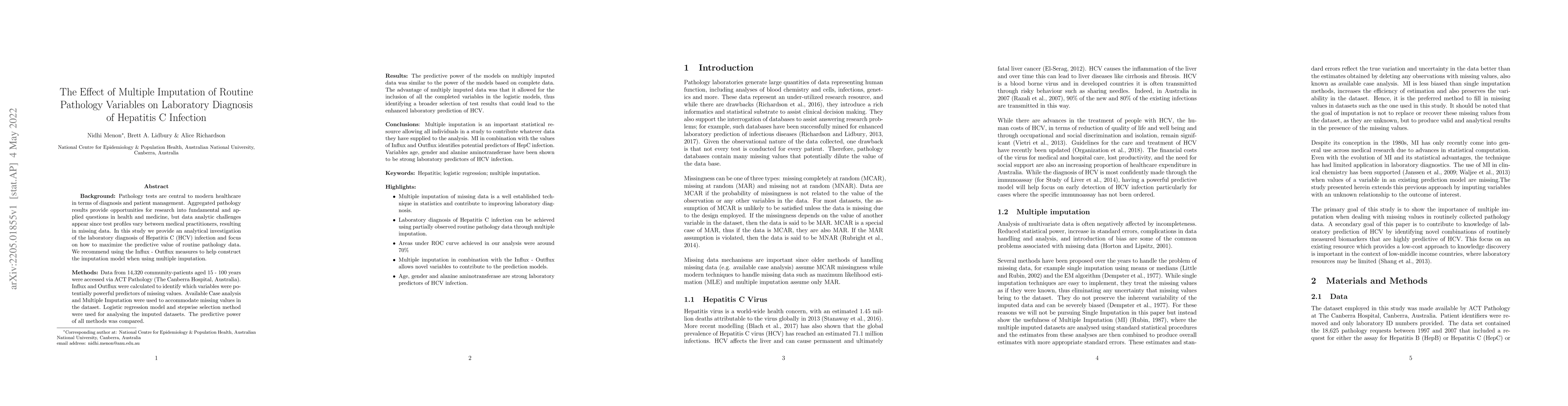 Thumbnail for The Effect of Multiple Imputation of Routine Pathology Variables on
  Laboratory Diagnosis of Hepatitis C Infection