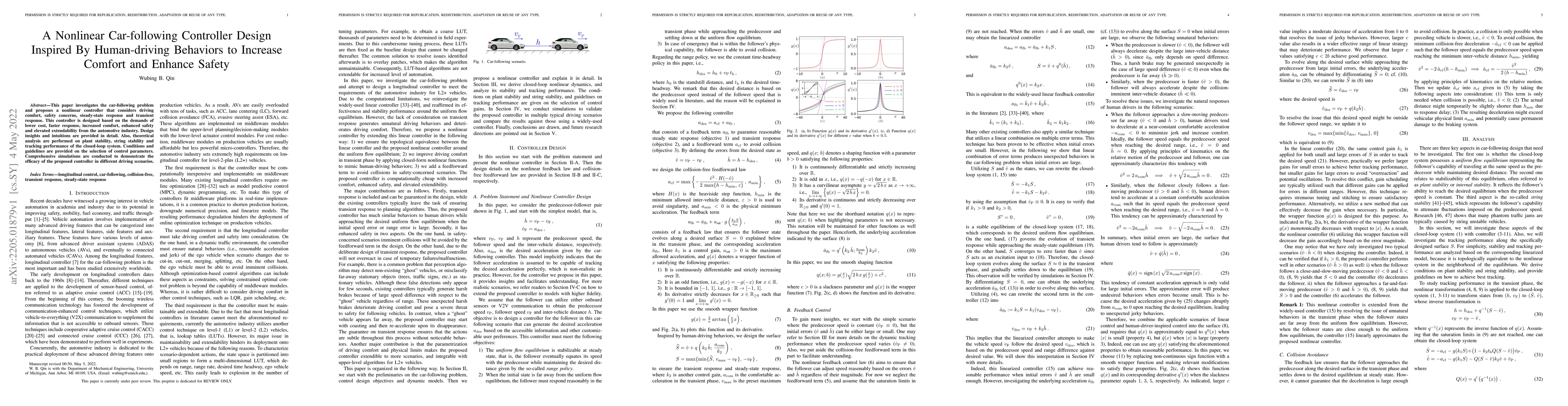 Thumbnail for A Nonlinear Car-following Controller Design Inspired By Human-driving
  Behaviors to Increase Comfort and Enhance Safety