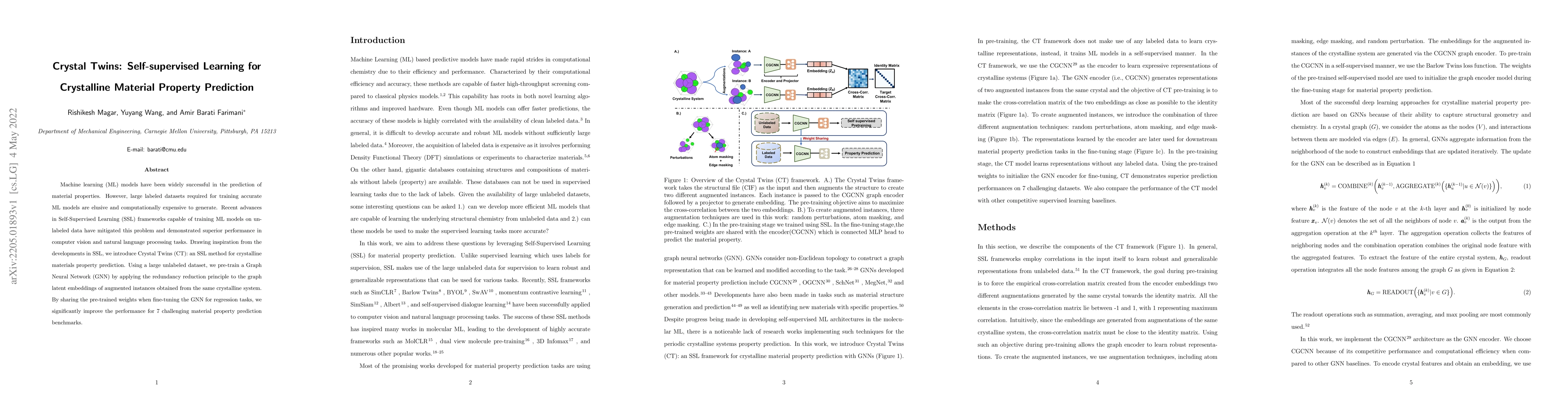 Thumbnail for Crystal Twins: Self-supervised Learning for Crystalline Material
  Property Prediction