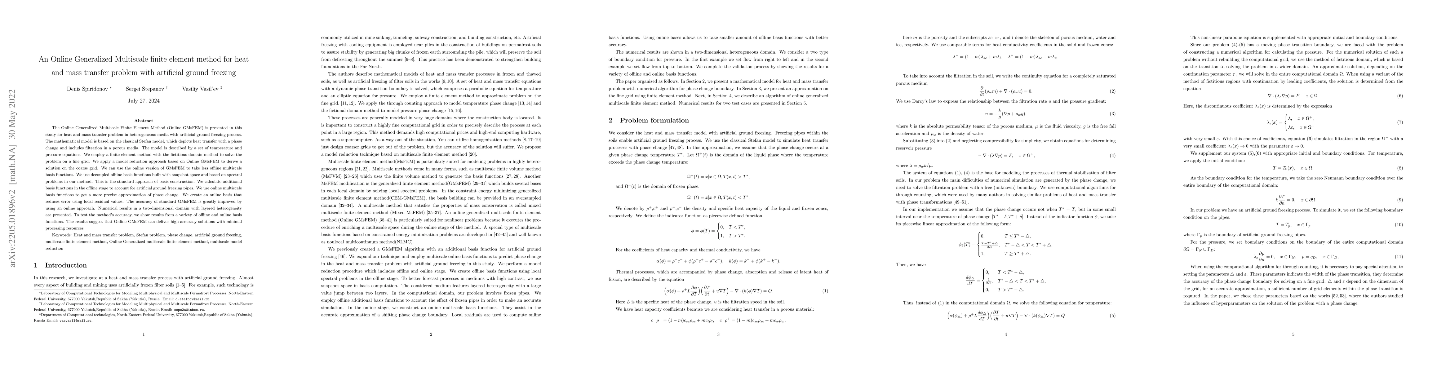 Thumbnail for An Online Generalized Multiscale finite element method for heat and mass
  transfer problem with artificial ground freezing