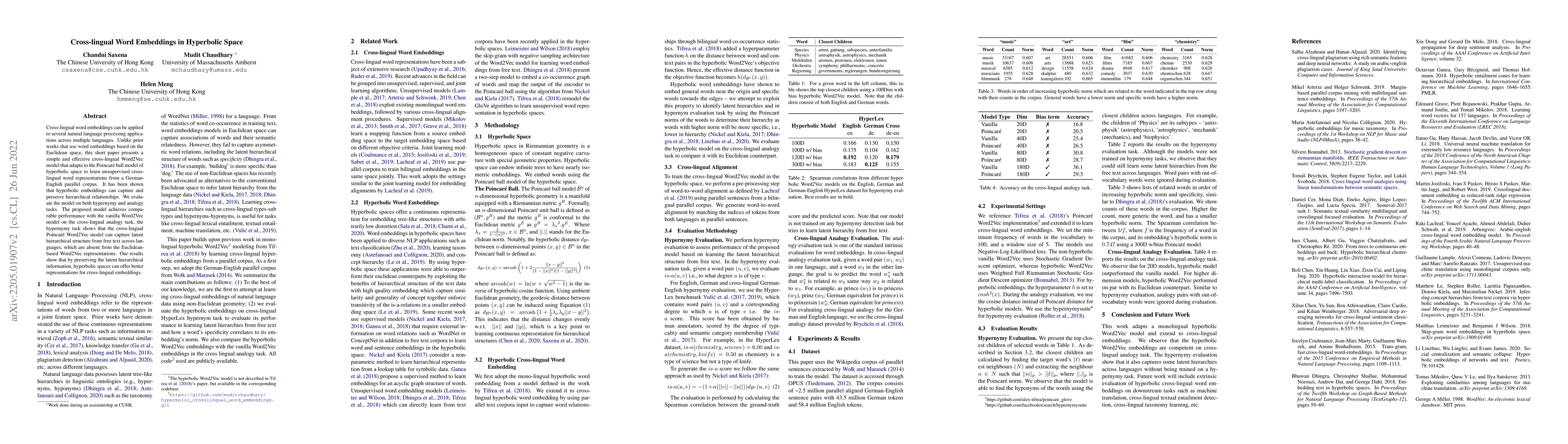 Thumbnail for Cross-lingual Word Embeddings in Hyperbolic Space