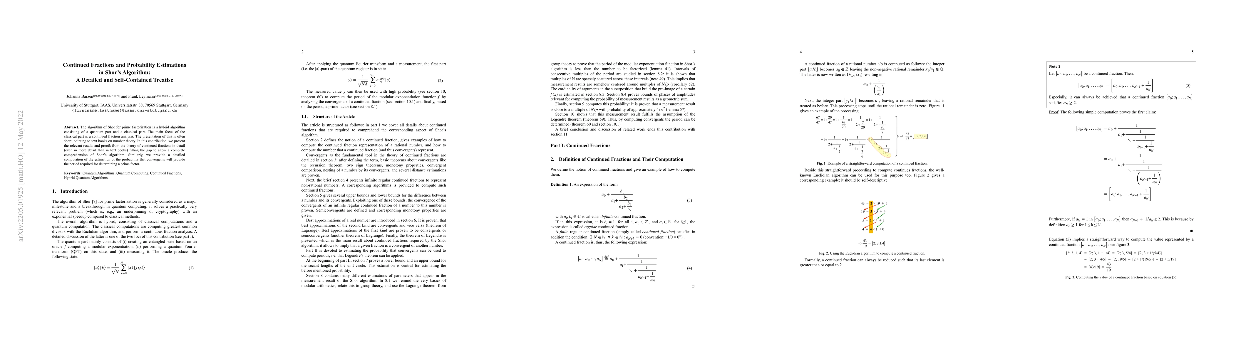 Thumbnail for Continued Fractions and Probability Estimations in the Shor Algorithm --
  A Detailed and Self-Contained Treatise