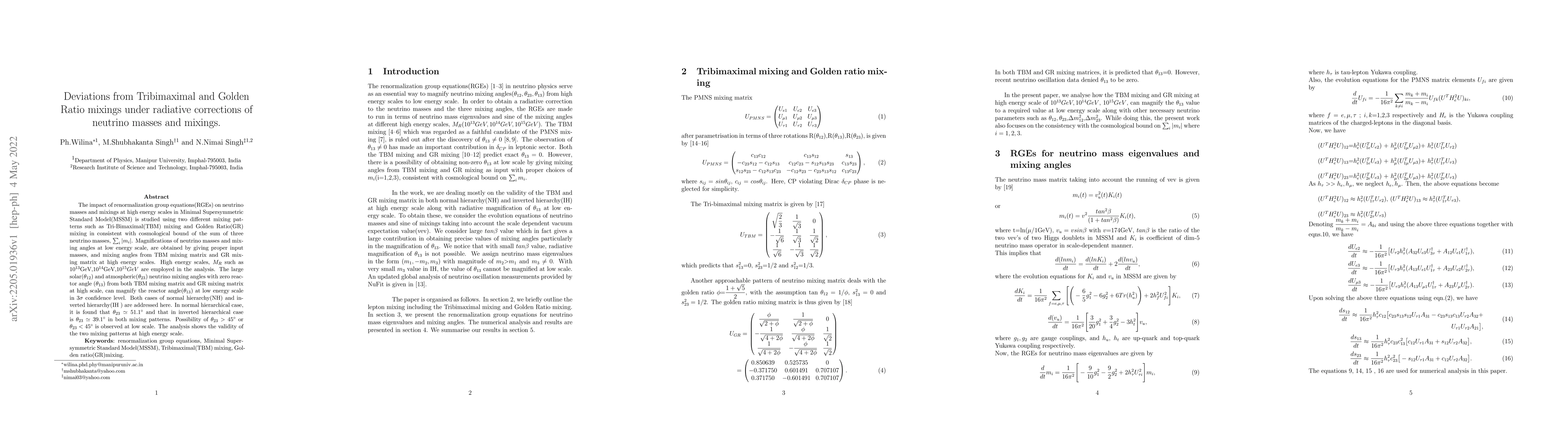 Thumbnail for Deviations from Tribimaximal and Golden Ratio mixings under radiative
  corrections of neutrino masses and mixings