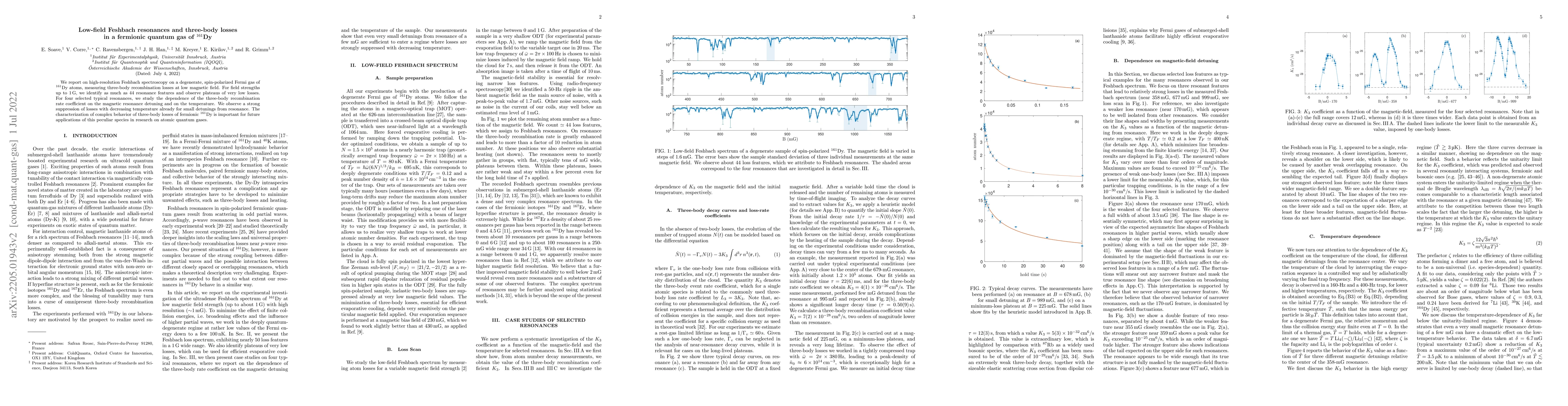 Thumbnail for Low-field Feshbach resonances and three-body losses in a fermionic
  quantum gas of $^{161}$Dy