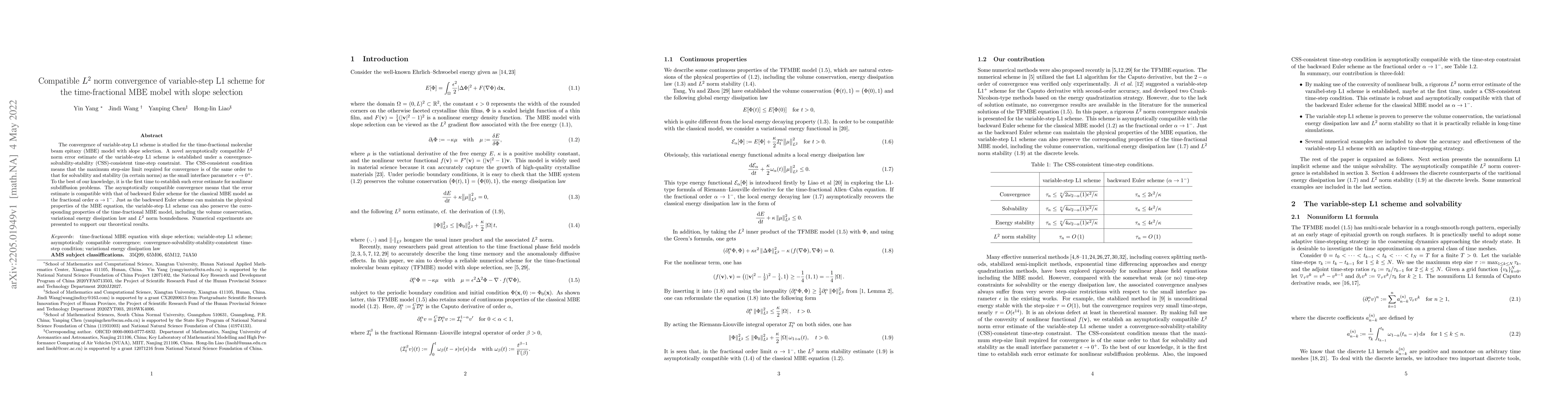 Thumbnail for Compatible $L^2$ norm convergence of variable-step L1 scheme for the
  time-fractional MBE mobel with slope selection