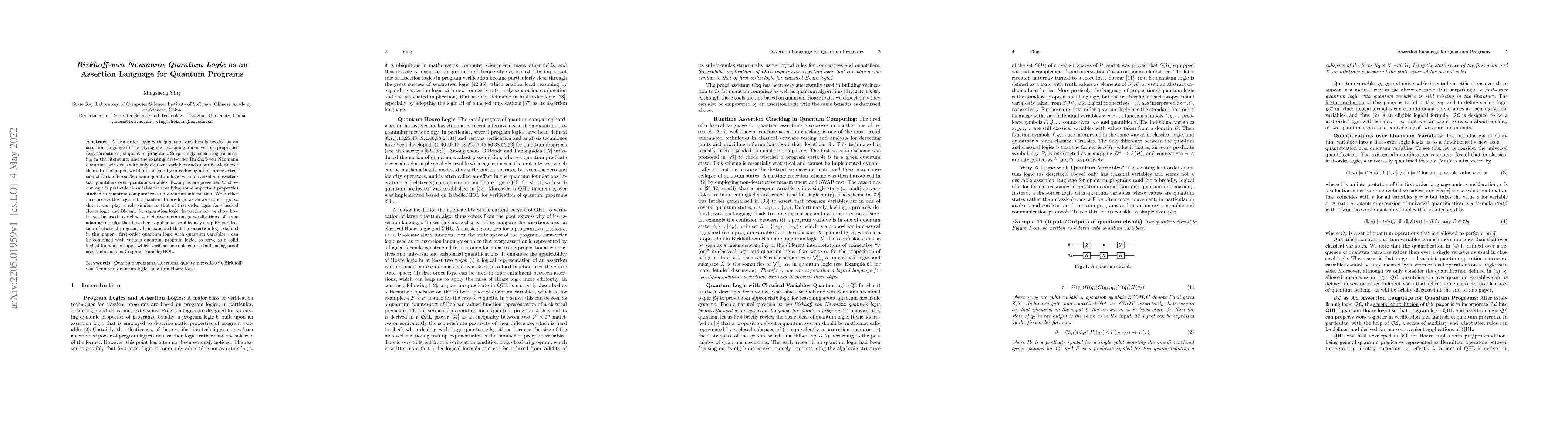 Thumbnail for Birkhoff-von Neumann Quantum Logic as an Assertion Language for Quantum
  Programs