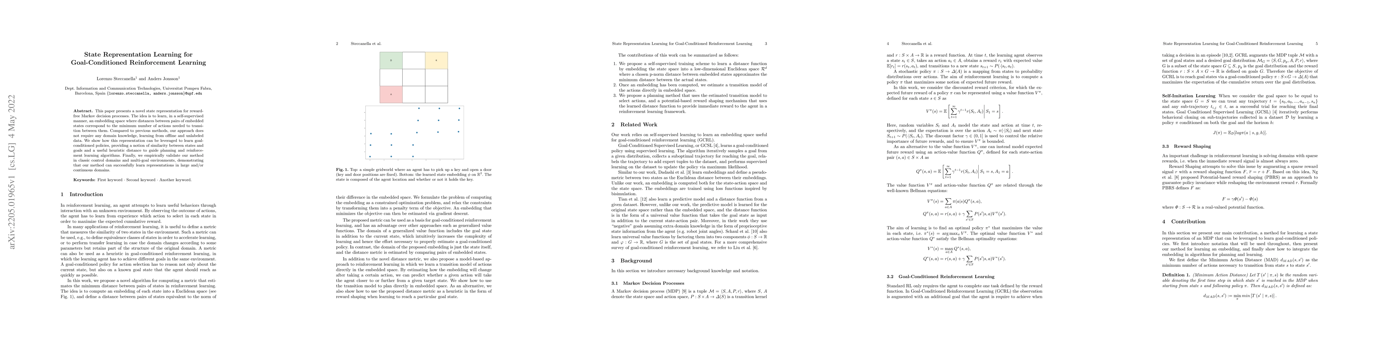Thumbnail for State Representation Learning for Goal-Conditioned Reinforcement
  Learning