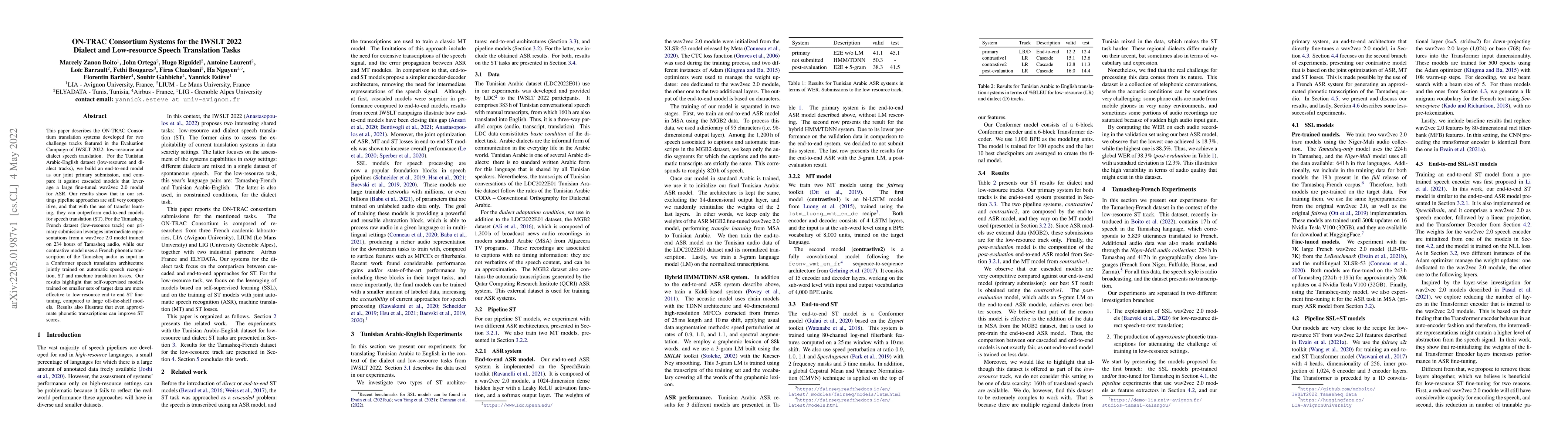 Thumbnail for ON-TRAC Consortium Systems for the IWSLT 2022 Dialect and Low-resource
  Speech Translation Tasks