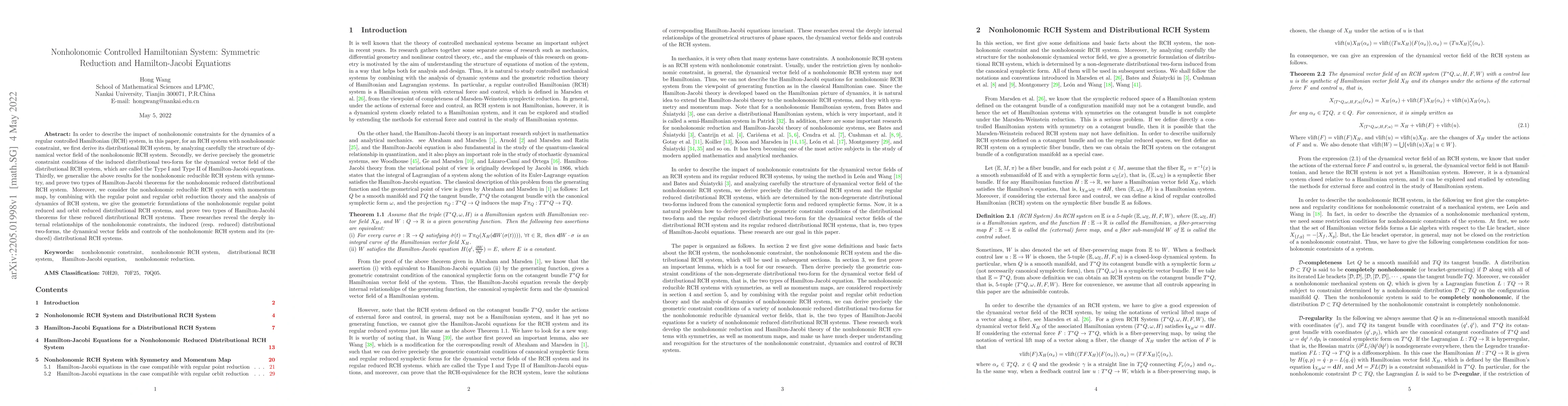 Thumbnail for Nonholonomic Controlled Hamiltonian System: Symmetric Reduction and
  Hamilton-Jacobi Equations