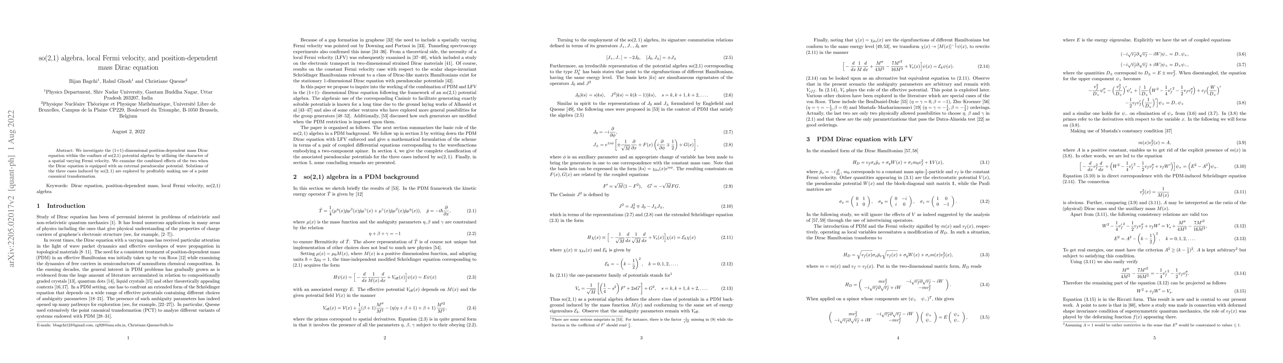 Thumbnail for So (2, 1) algebra, local Fermi velocity, and position-dependent mass
  Dirac equation