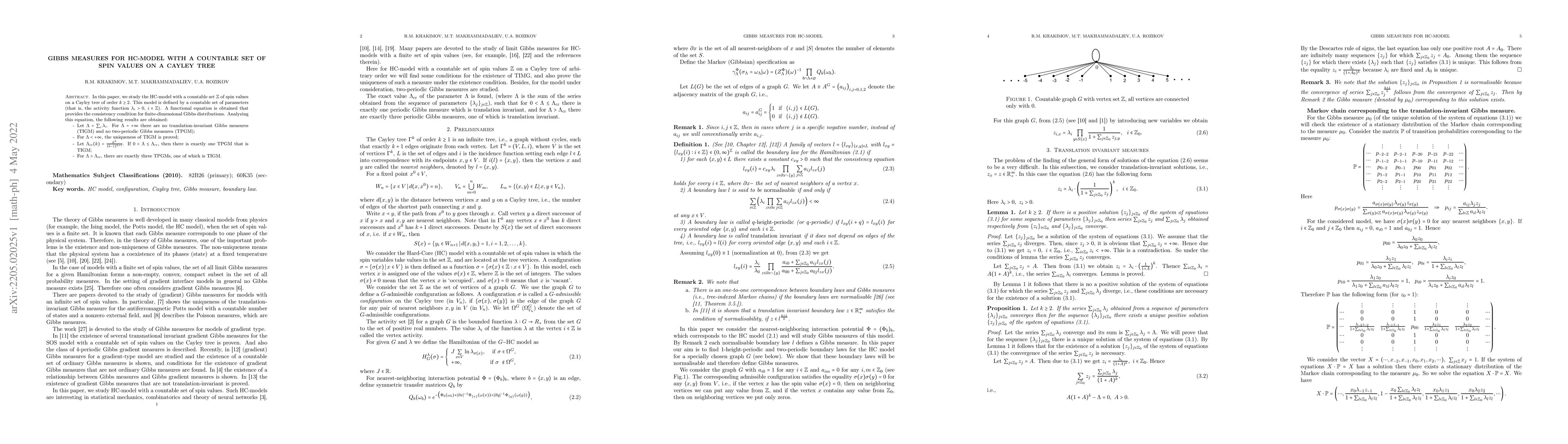 Thumbnail for Gibbs measures for HC-model with a countable set of spin values on a
  Cayley tree