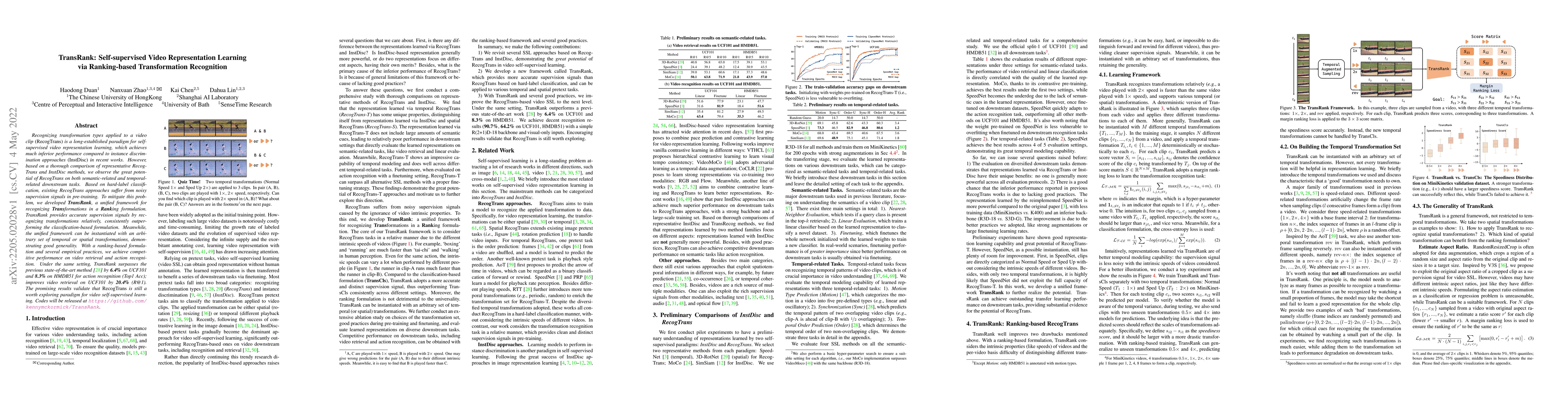 Thumbnail for TransRank: Self-supervised Video Representation Learning via
  Ranking-based Transformation Recognition