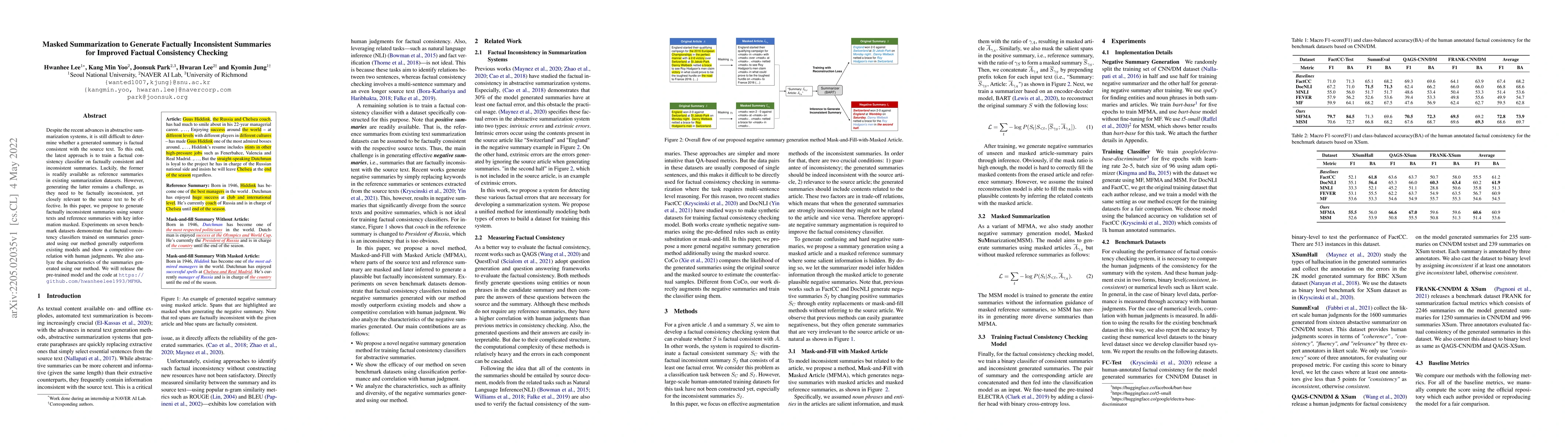 Thumbnail for Masked Summarization to Generate Factually Inconsistent Summaries for
  Improved Factual Consistency Checking