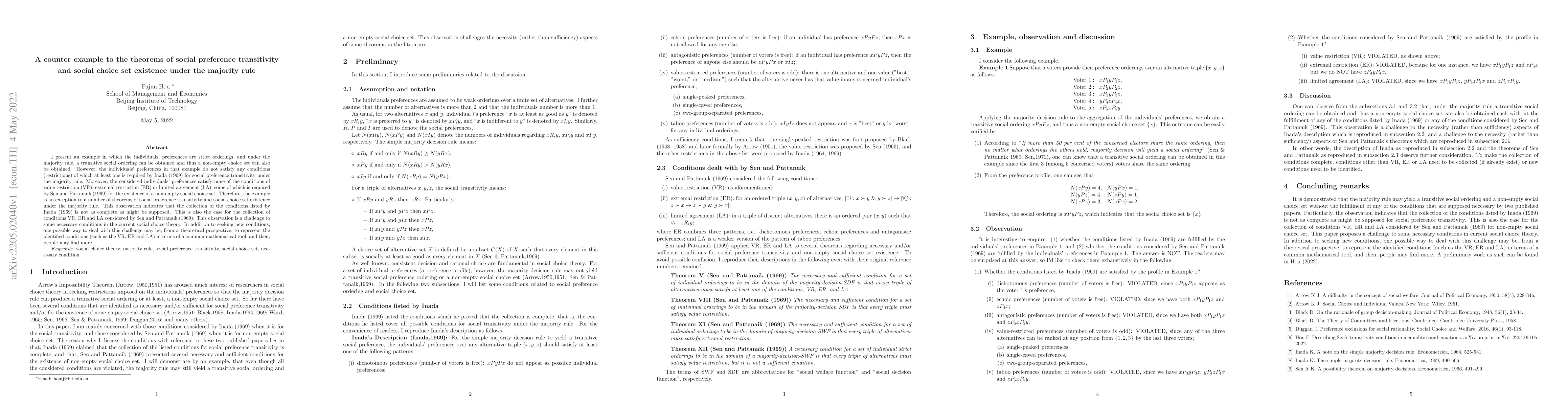Thumbnail for A counter example to the theorems of social preference transitivity and
  social choice set existence under the majority rule