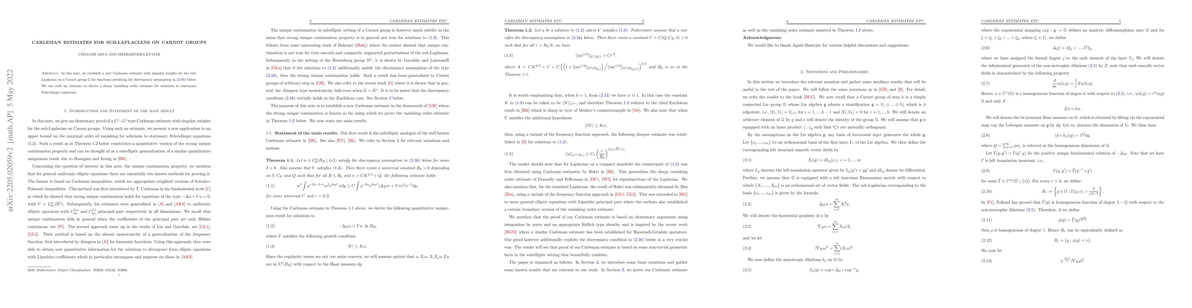 Thumbnail for Carleman estimates for sub-Laplacians on Carnot groups