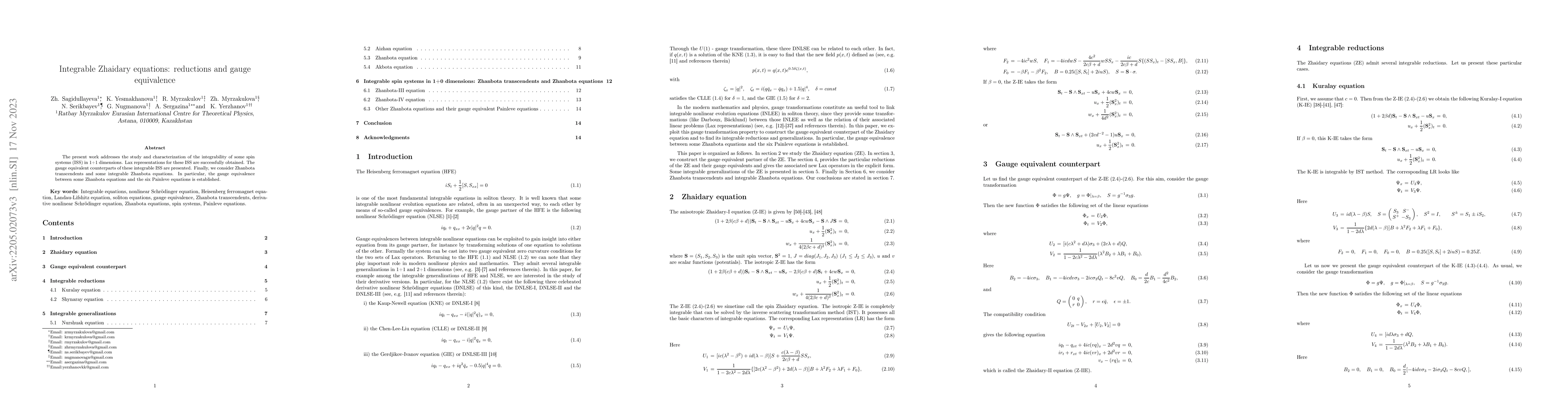 Thumbnail for Integrable Zhaidary equations: reductions and gauge equivalence