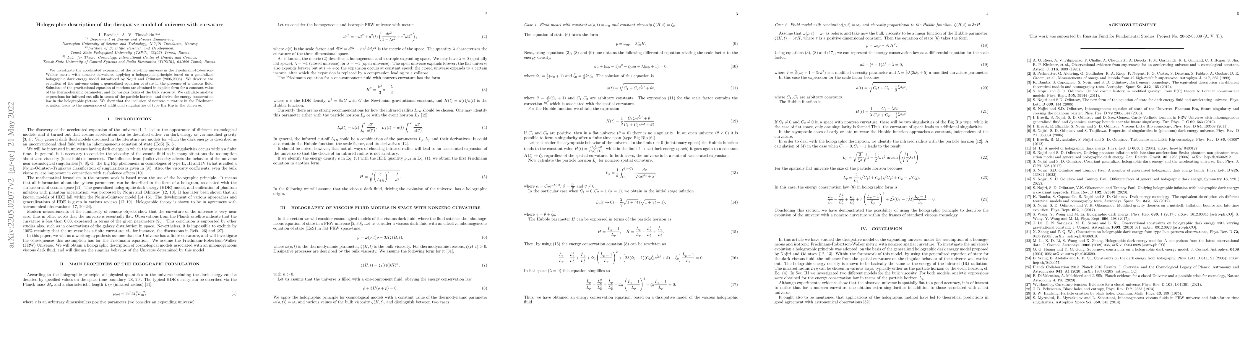 Thumbnail for Holographic description of the dissipative model of universe with
  curvature