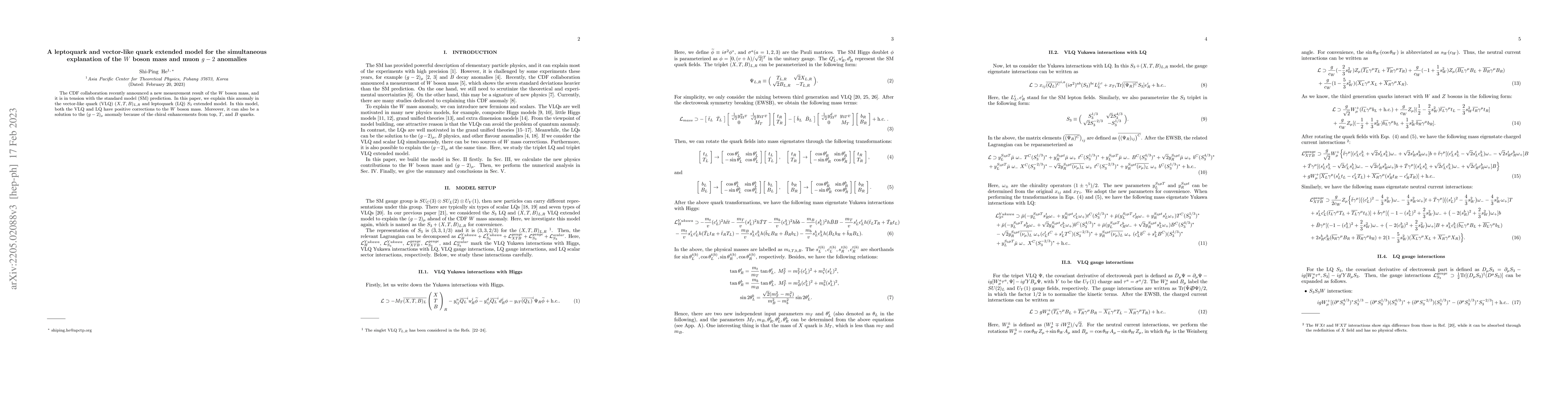 Thumbnail for A leptoquark and vector-like quark extended model for the simultaneous
  explanation of the $W$ boson mass and muon $g-2$ anomalies