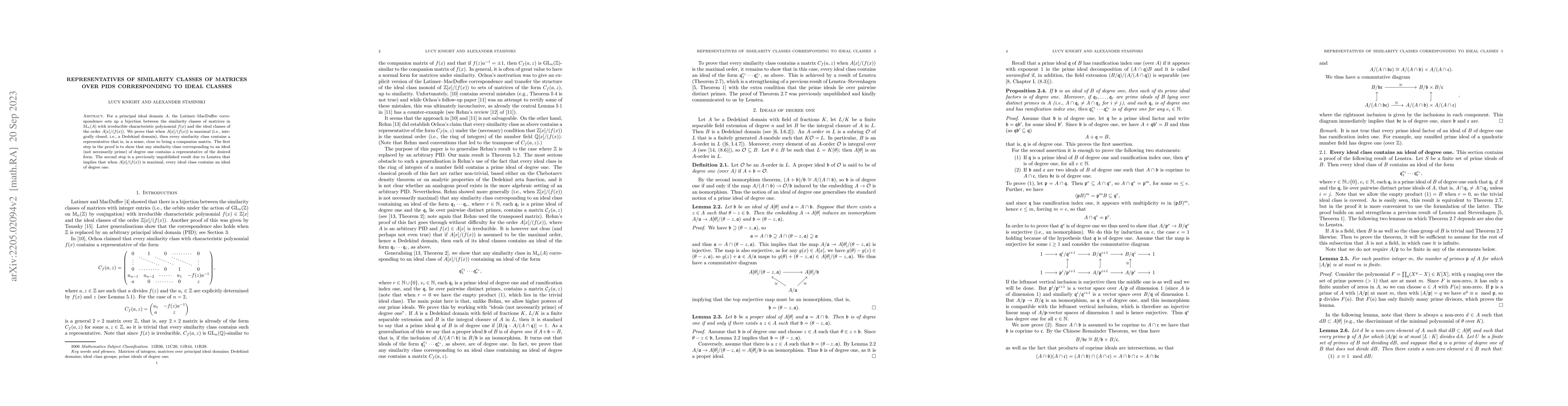 Thumbnail for Representatives of similarity classes of matrices over PIDs
  corresponding to ideal classes