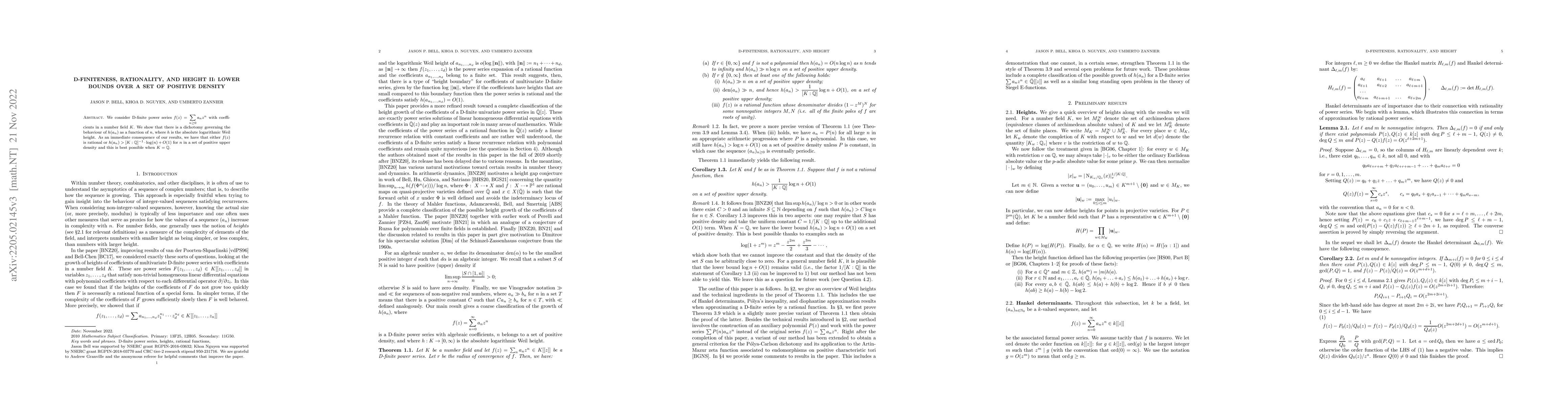 Thumbnail for D-finiteness, rationality, and height II: lower bounds over a set of
  positive density