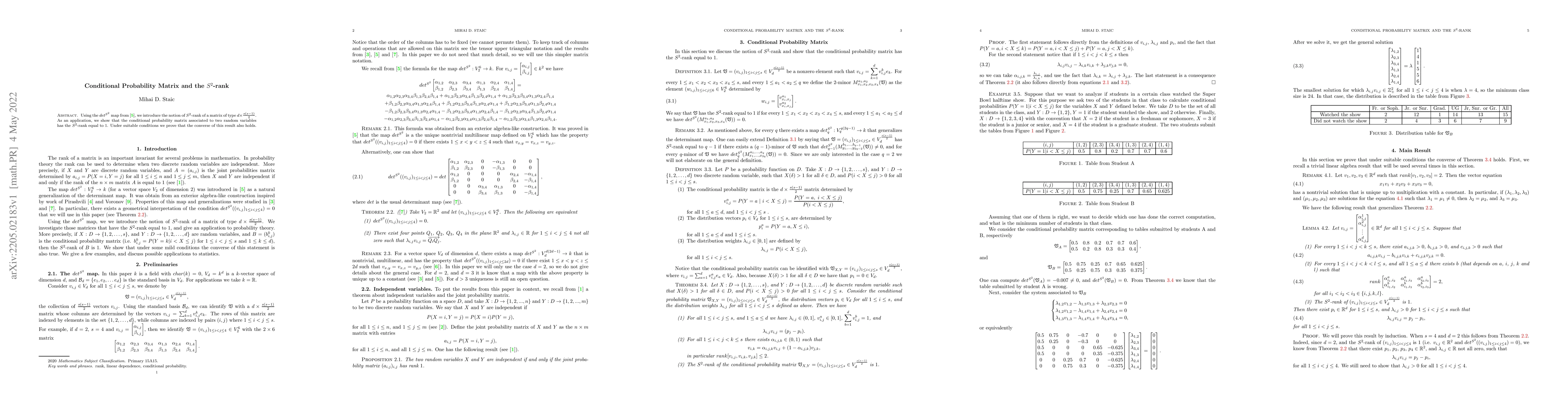 Thumbnail for Conditional Probability Matrix and the $S^2$-rank